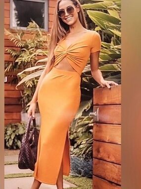 Lulus Sun Maxi Dress Cut Out Peek A Boo Twist Orange